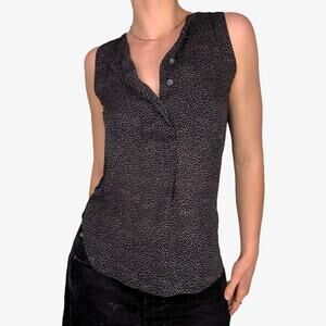 Loft Black tan dotted patterned sleeveless blouse Henley button up - size XXSP